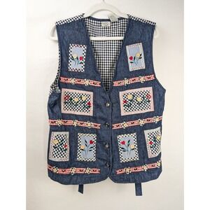 Vintage 90s Patchwork Floral Embroidered Denim Vest Size M Cottagecore Western
